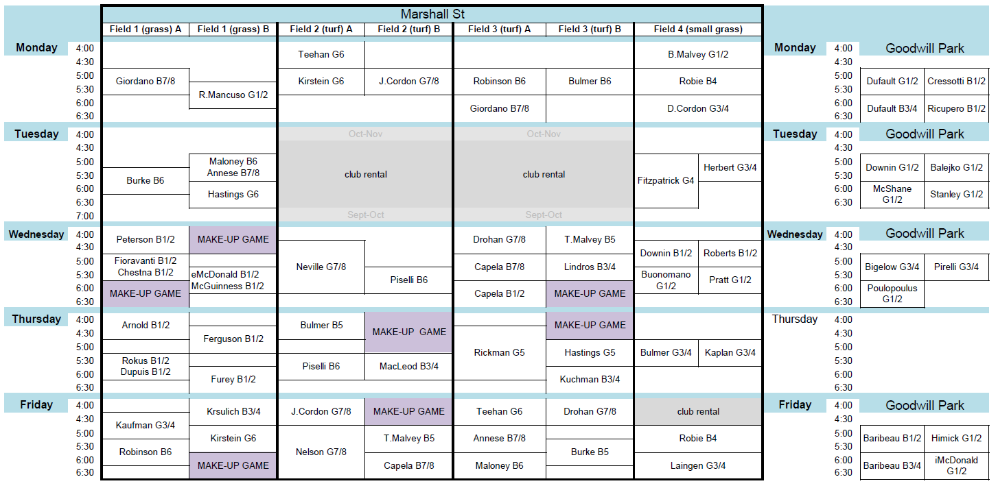 Practice Fields and Schedules